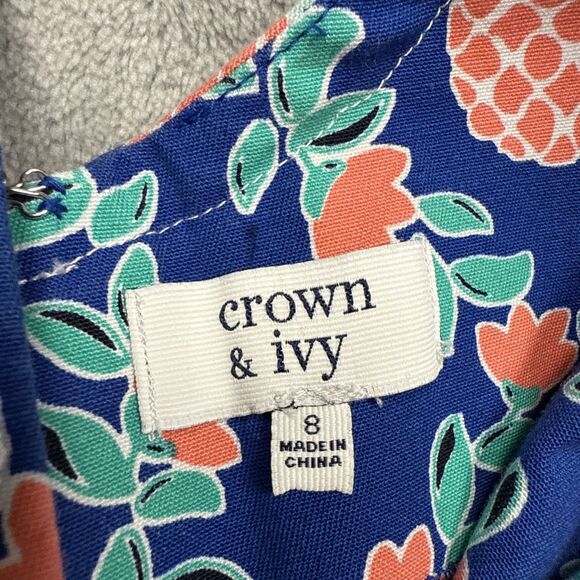 Crown & Ivy Women’s Size 8 Blue Pineapple Print Sleeveless Sheath Dress Lace Tri - Picture 6 of 8